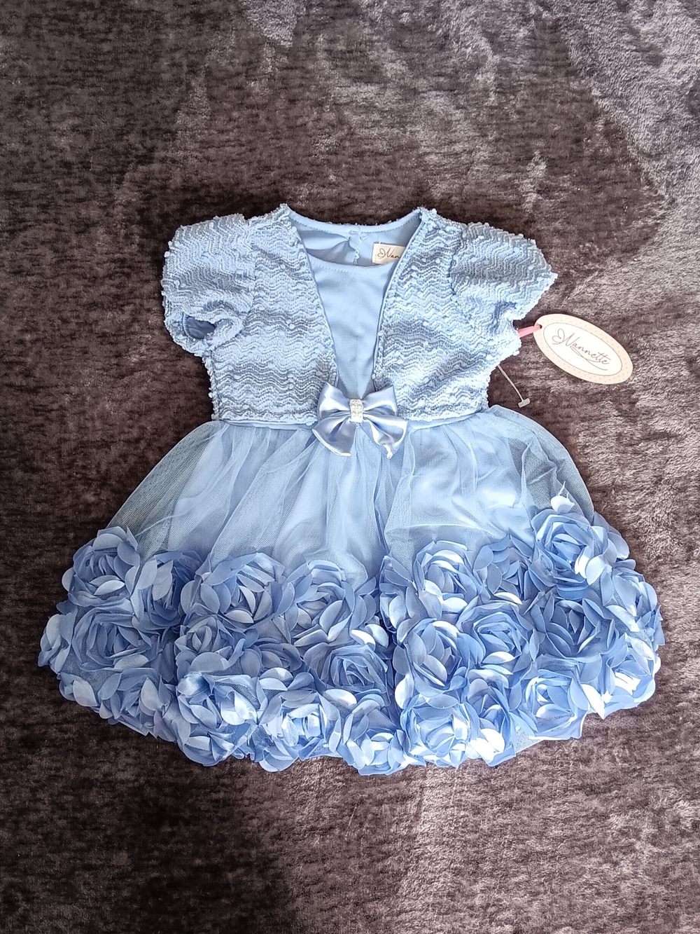NWT Nannette Girls Blue Floral Rosette Bow Tulle Rhinestone Short Sleeve Dress2T